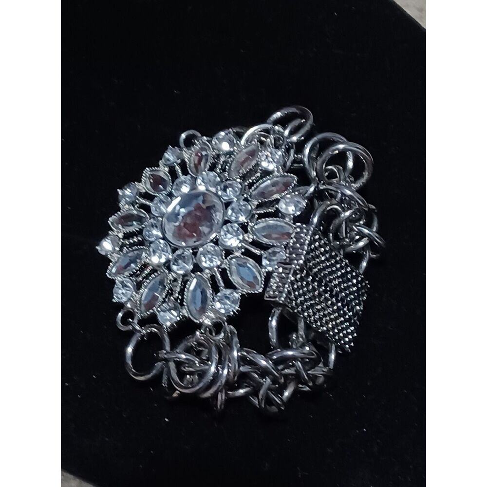 Silver-Toned Cuff Bracelet w/ Ornate Floral Center, 8"